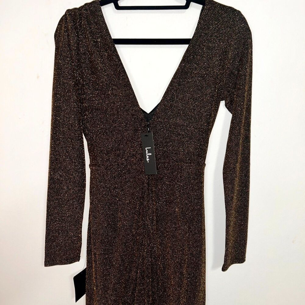 Lulus Jumpsuit Womens M Brown Metallic Deep V-Neck Wedding Cocktail Party NWT - Picture 8 of 12
